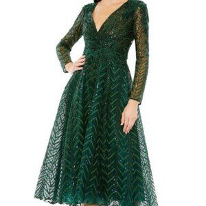 Mac Duggal Emerald Green Bead & Sequin Tulle Fit & Flare Midi Dress